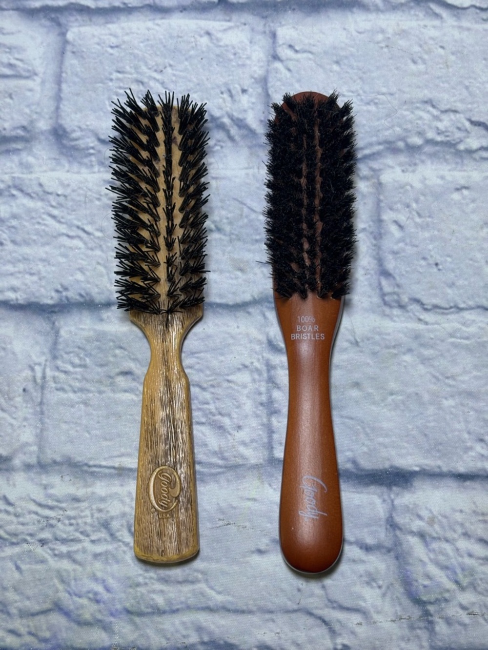 Two Vintage Goody Vented Hair Brush Plastic Faux Wood Grain Boar Bristles